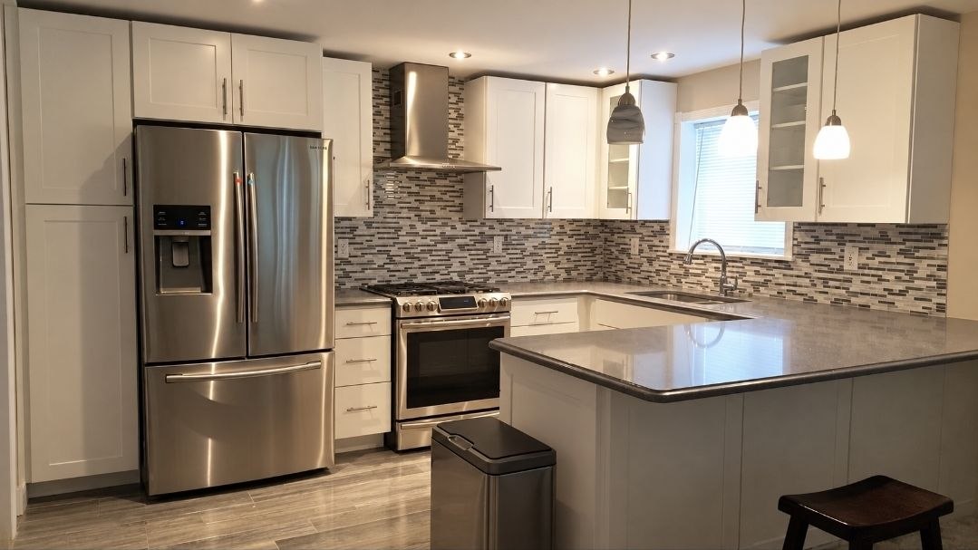 Kitchen Remodel — White Cabinets & Mosaic Backsplash