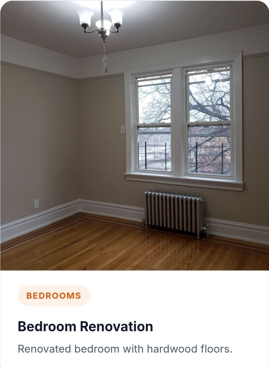 Renovated apartment bedroom with parquet flooring and chandelier — J&R Enterprise project